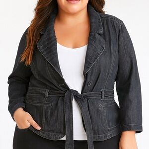 Baccini Plus Size 3X Denim Jacket Dark Blue Jean Belted Button Up Pockets NWOT